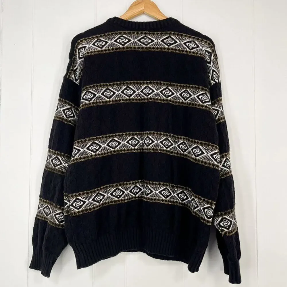CHAPS Ralph Lauren VTG Chunky Sweater Crew Western Aztec USA Size Large Black
